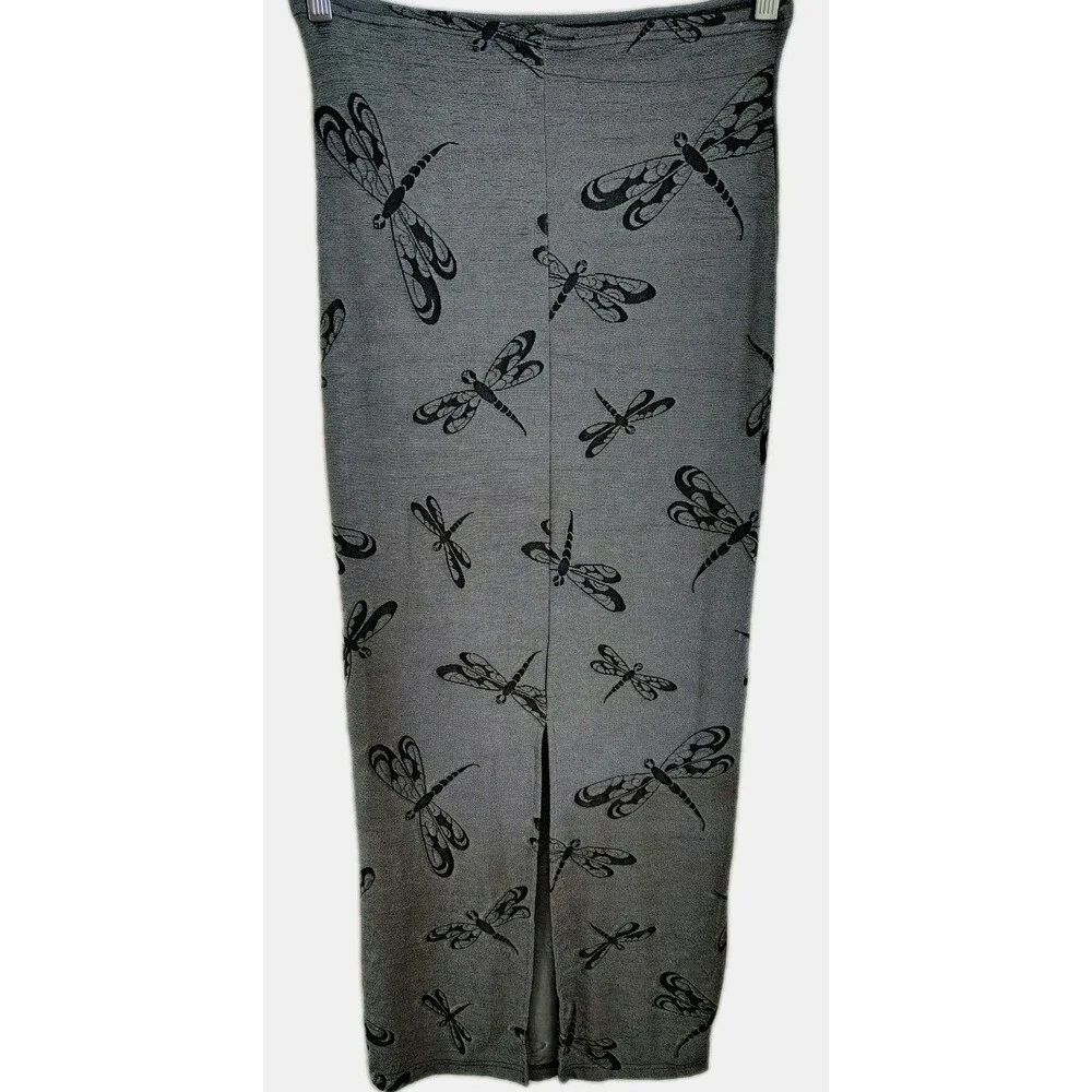 Vintage Maxi Pencil Skirt Size L Waist 26 Dragonfly Print  Gray Back Slit USA - Picture 4 of 6